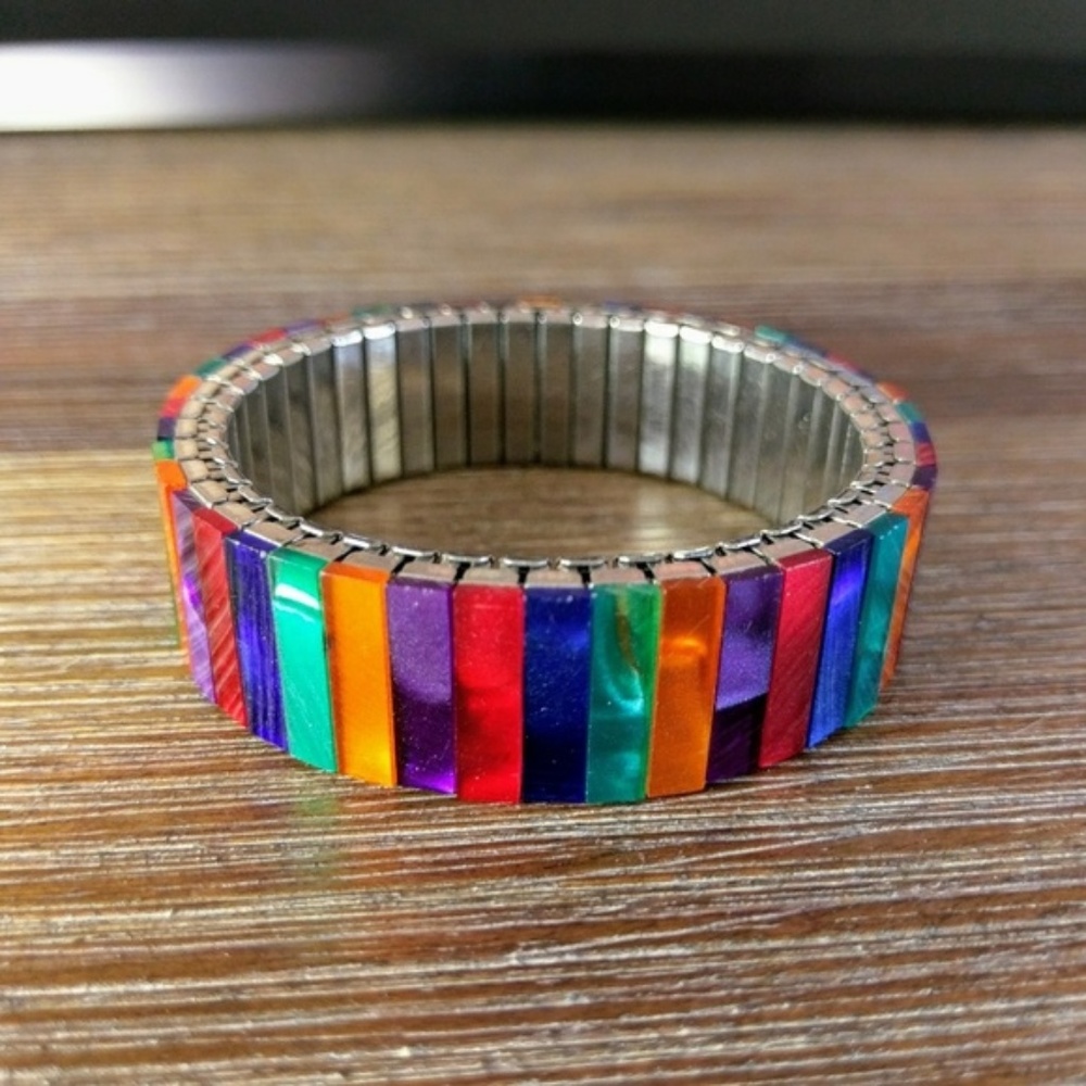 Rainbow Tile Bracelet with Flexible Metal Band